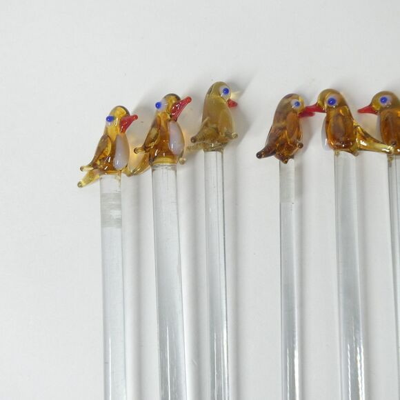 Cocktail Stirrers Brown Birds Hand Blown Glass Set of 8 Vintage Swizzle Sticks - Picture 3 of 7